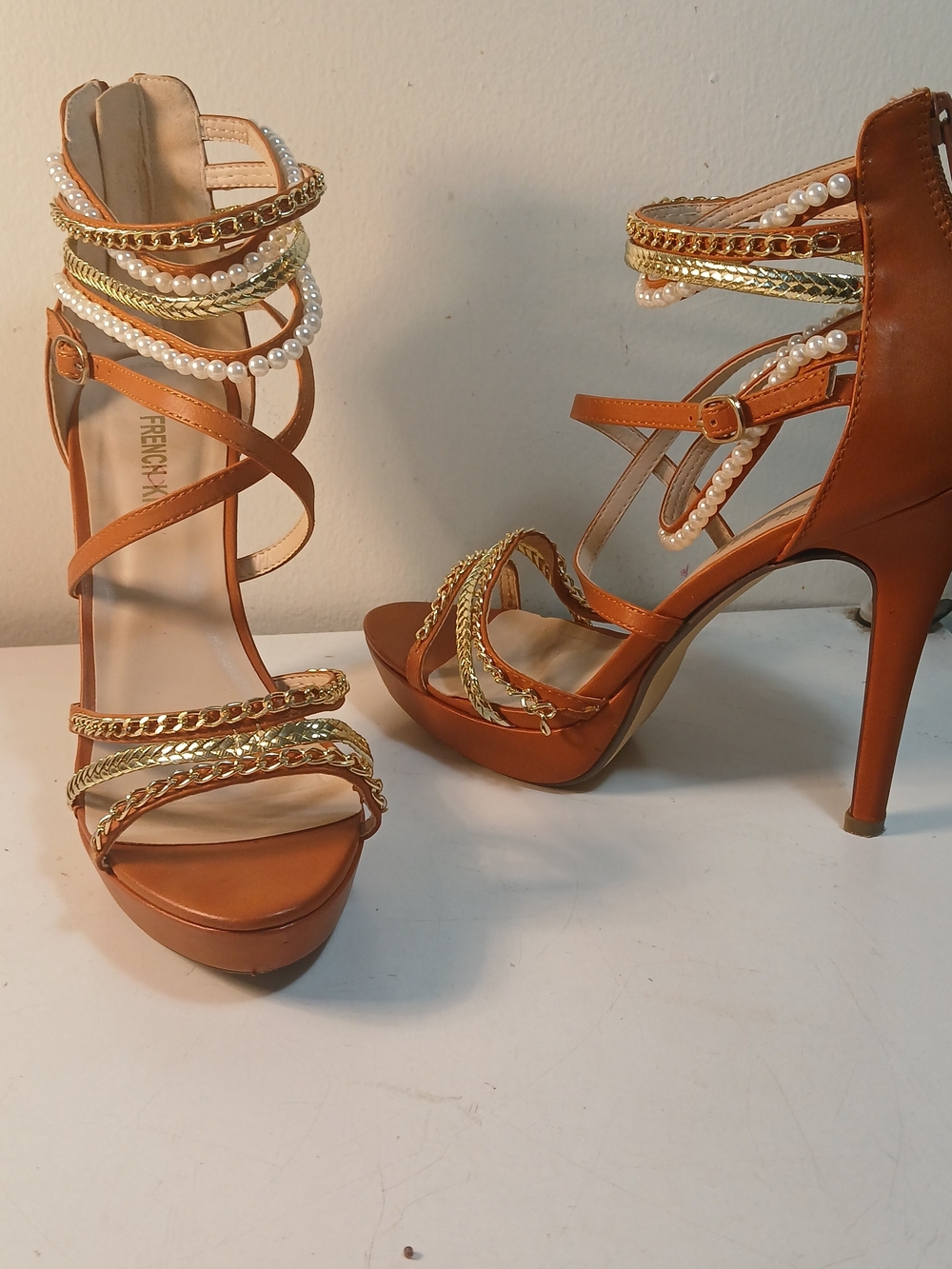 Frenchi Tan Strappy High Heel Sandals with Gold Chains and Pearls